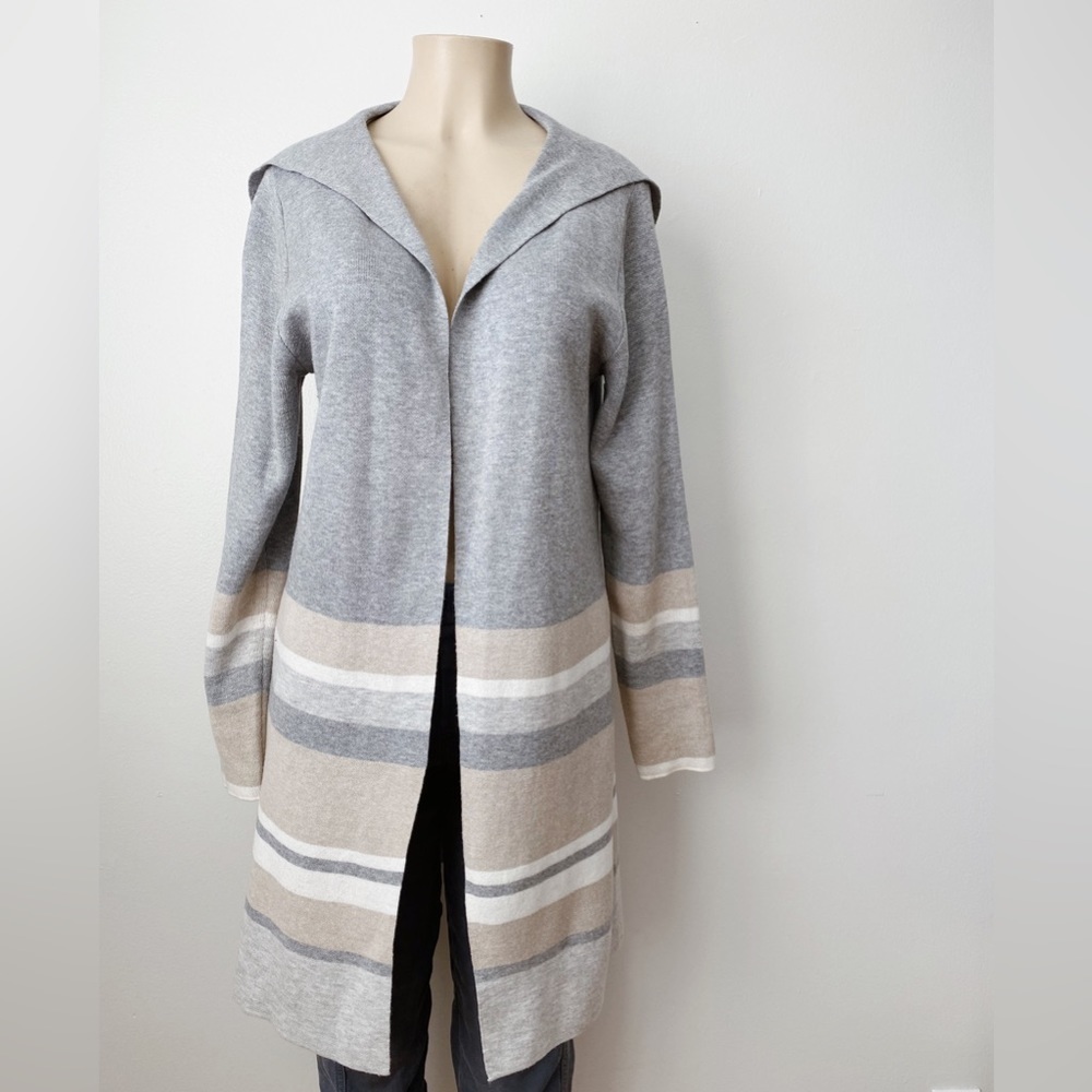 APT9 Long Open Cardigan Color Block Neutral Cozy Knit Wear Relaxed Fit Gray Tan - Picture 8 of 8